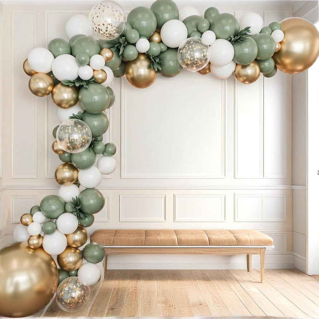 PartyWoo Balloon Arch Kit - Sage Green & Gold Confetti - 152pcs in Various Sizes for Baby Showers & Birthdays