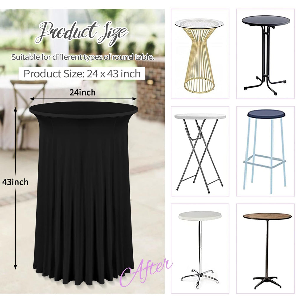 6 Packs 24"x 43" Round Cocktail Table Skirt, Spandex Fitted High Top Table Skirt, Spandex Stretch Cocktail Tablecloth for Wedding Party Bar Banquet Birthday Tables(Black)