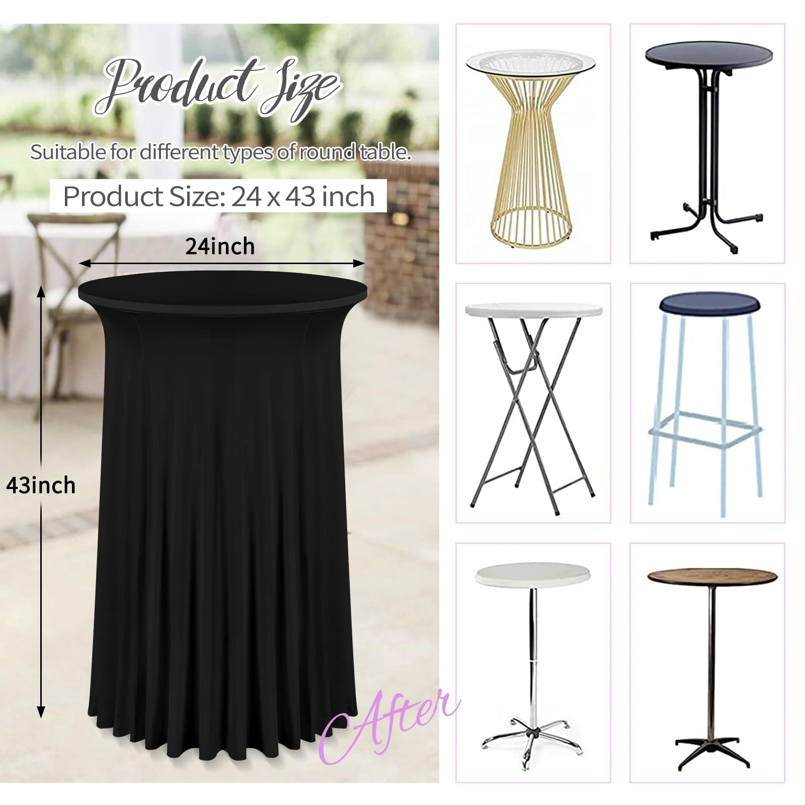 6 Packs 24"x 43" Round Cocktail Table Skirt, Spandex Fitted High Top Table Skirt, Spandex Stretch Cocktail Tablecloth for Wedding Party Bar Banquet Birthday Tables(Black)