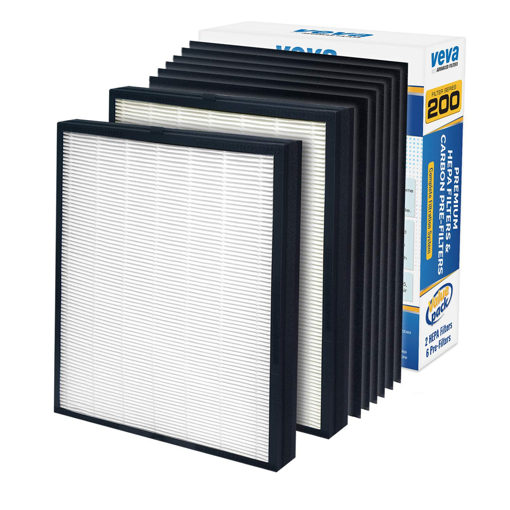 VEVA Premium 2 HEPA Replacement Filters and 6 Activated Carbon Pre Filters for Blueair 200/300 Series Models 201, 203, 205, 215B, 250E, 270E, 303 Air Purifiers - To Stop Smoke, Odor, and Dust
