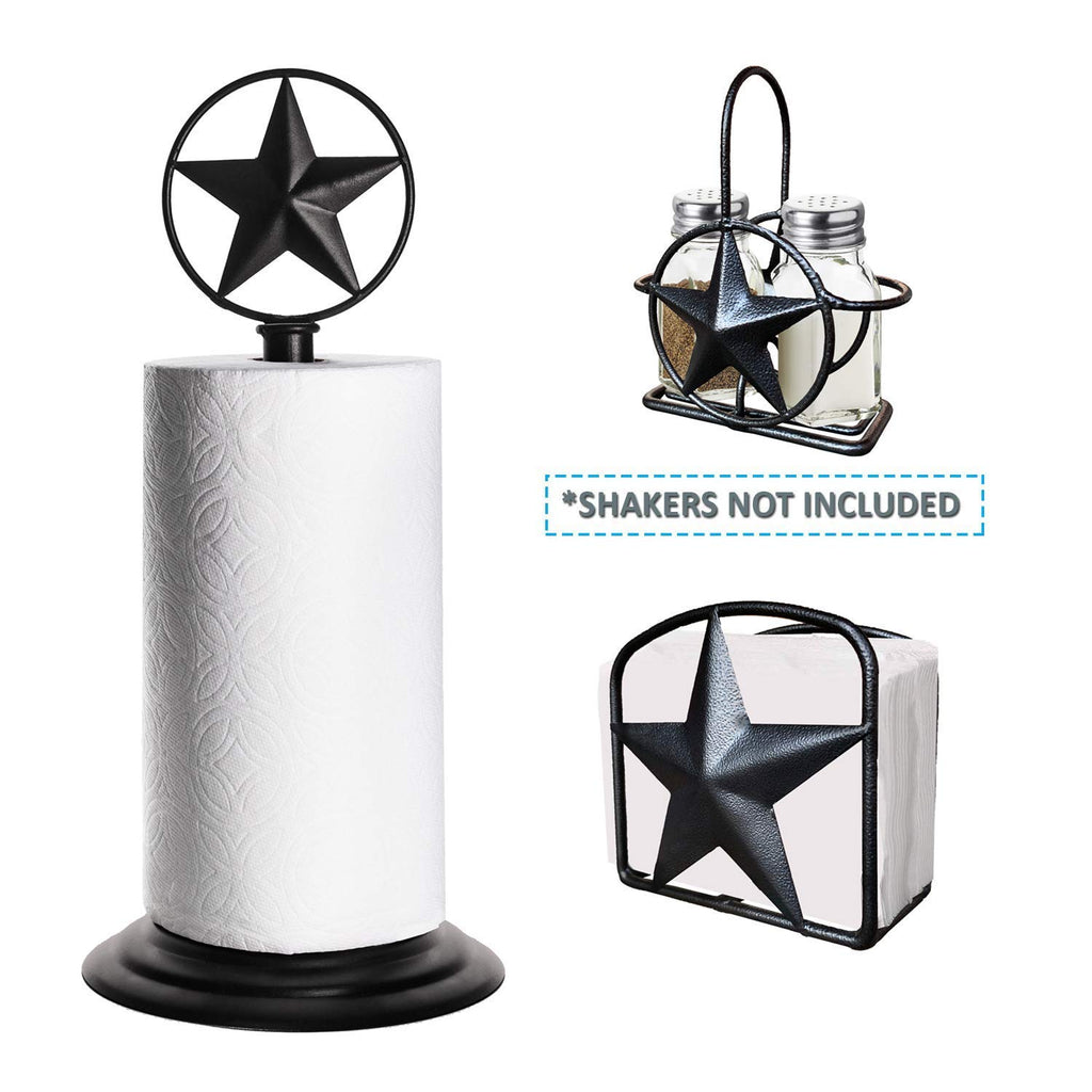 Black Rustic Texas Star Paper Towel Holder, Napkin Holder, Salt and Pepper Shakers Holder, Country Farmhouse Iron Kitchen Counter Accessory Set Holders (Paper Towel, Napkin, S&P Holder (3 Piece Set))