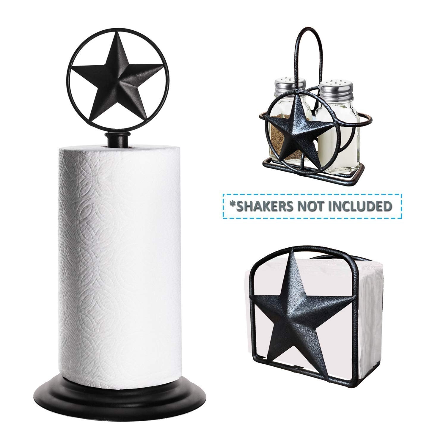 Black Rustic Texas Star Paper Towel Holder, Napkin Holder, Salt and Pepper Shakers Holder, Country Farmhouse Iron Kitchen Counter Accessory Set Holders (Paper Towel, Napkin, S&P Holder (3 Piece Set))