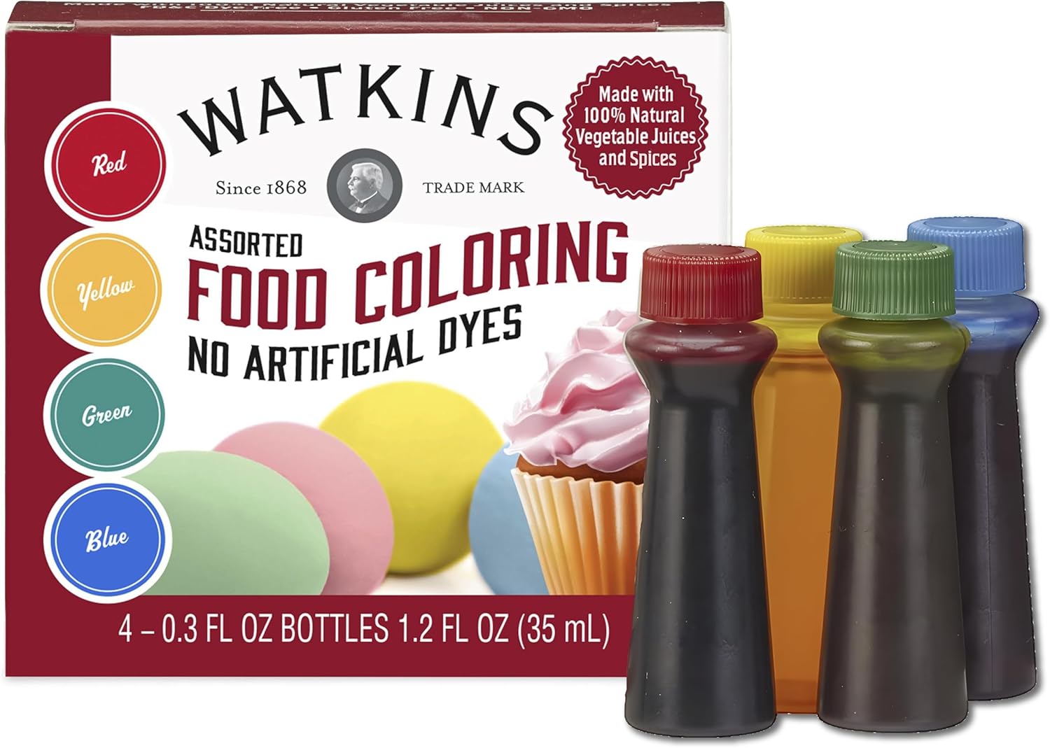 Watkins Food Coloring Set - Assorted Red, Yellow, Green & Blue | 4 x 0.3 oz Bottles