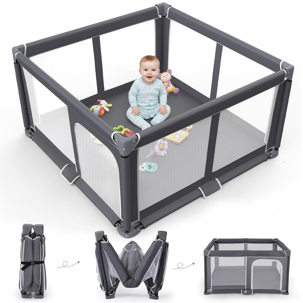 Skiennix Foldable Baby Playpen - 50"x50" Portable Safety Play Yard for Indoor & Outdoor Use - Dark Gray