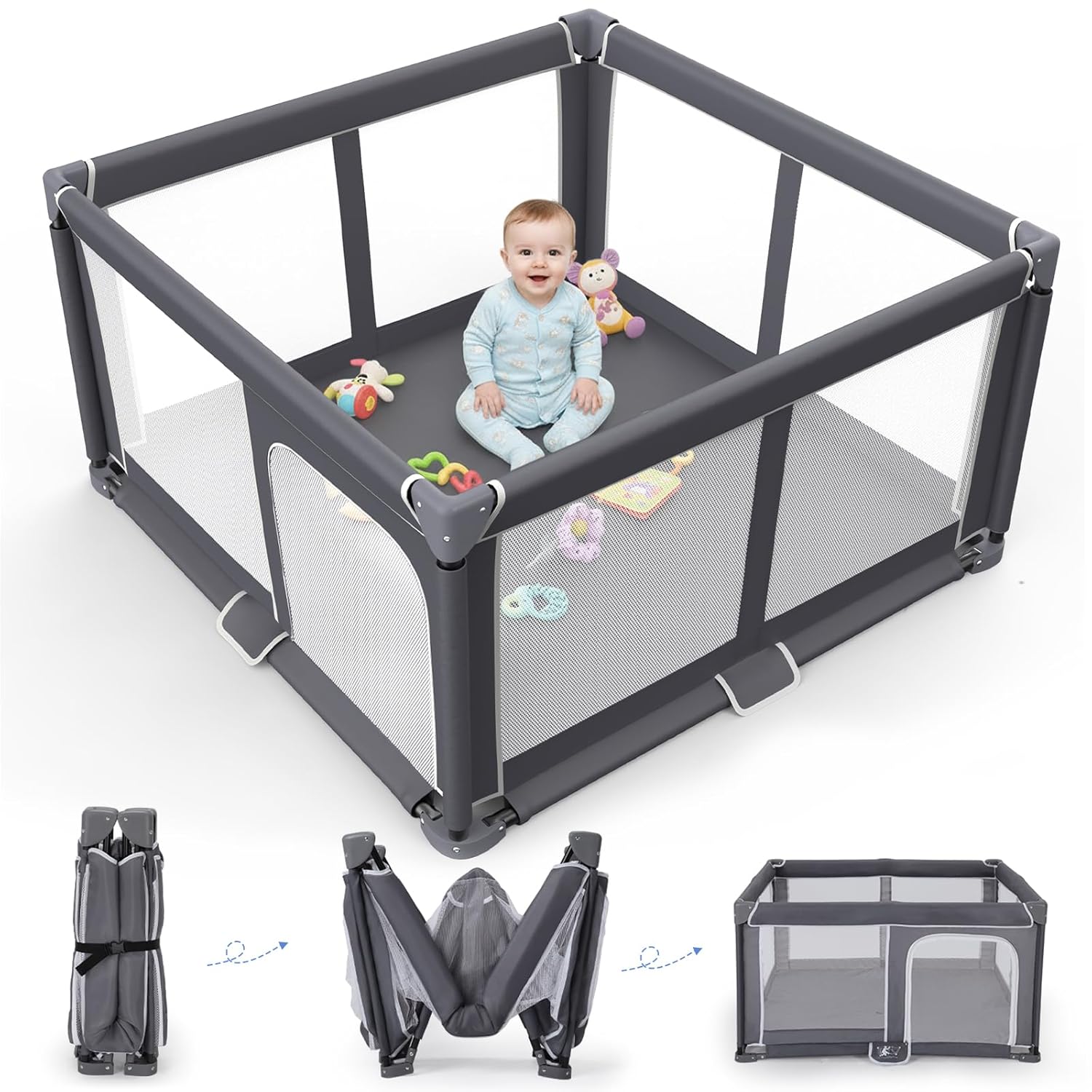 Skiennix Foldable Baby Playpen - 50"x50" Portable Safety Play Yard for Indoor & Outdoor Use - Dark Gray