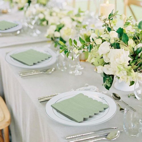100 Pcs Sage Green Napkins Scalloped Edged Dessert Cocktail Napkins Folded 5 x 5 Inches Disposable Napkins for Dinner Wedding Birthday Party