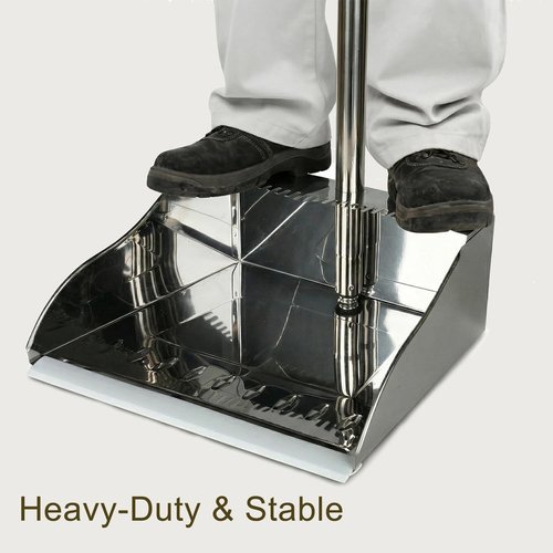 Metal Dustpan Long Handle Stainless Steel Dustpan,Heavy Duty Standing Dust Pan with Teeth, Indoor Outdoor Up for Home Kitchen Lobby Room Office