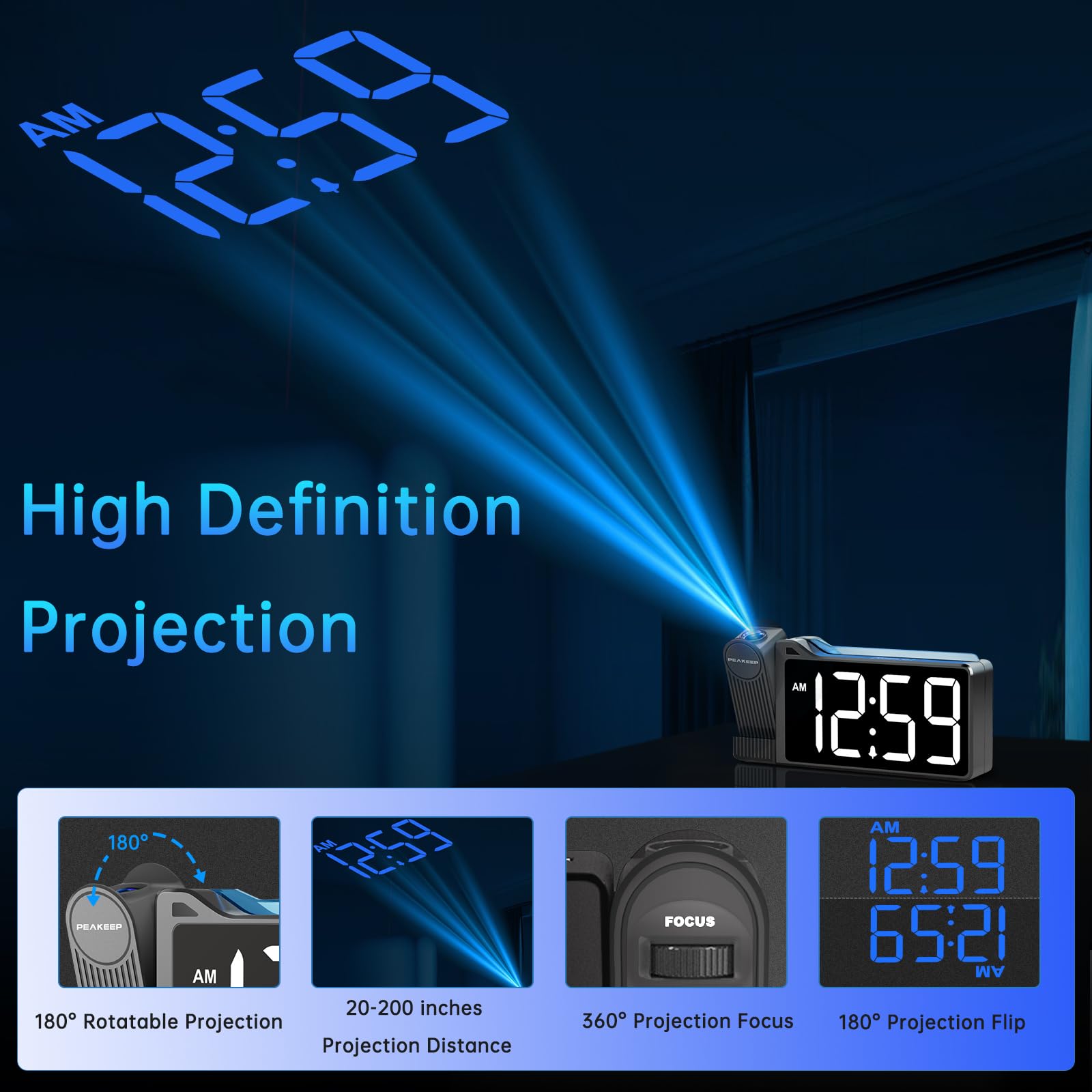 Peakeep Projection Alarm Clock for Bedroom Ceiling, Loud for Heavy Sleepers, RGB Nightlight, Multi-Color Large Display 5 Brightness Dimmer, Plug in Bedside Electric LED Digital Clock with USB Port