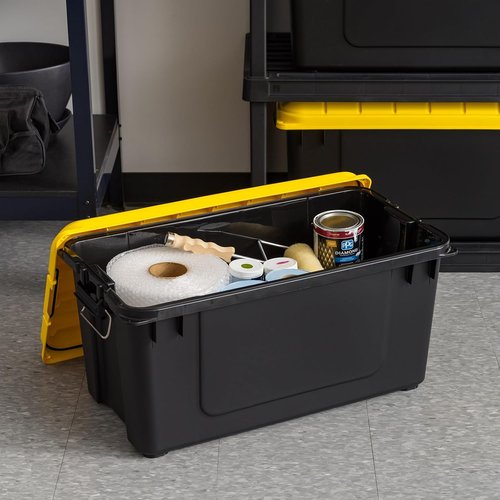 IRIS USA WeatherPro 21 Gallon Lockable Storage Bins - Heavy Duty, Stackable Organizing Tubs | Black/Yellow, 4 Pack