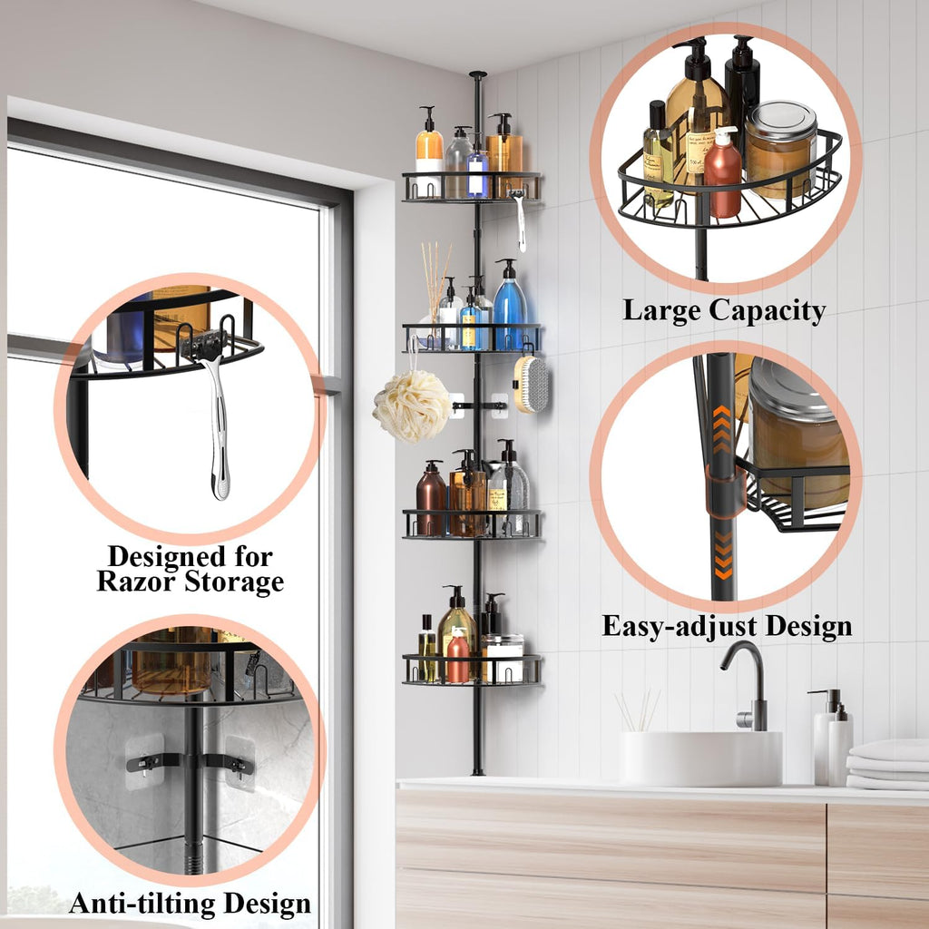 Skiennix 4-Tier Rustproof Corner Shower Caddy - Adjustable Height 42-115 Inch Bathroom Organizer | Black
