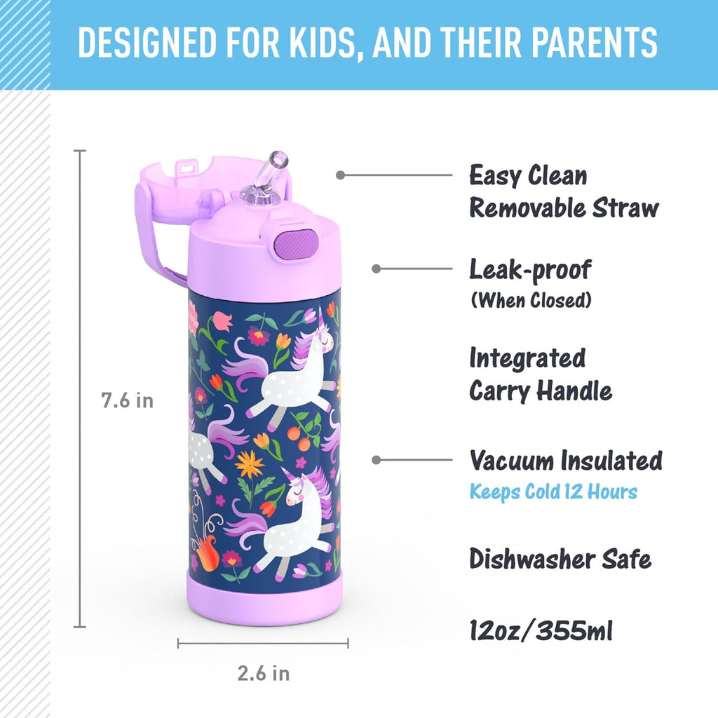 THERMOS FUNTAINER Water Bottle - 12 Ounce Kids Stainless Steel Vacuum Insulated - Unicorn Blooms Design