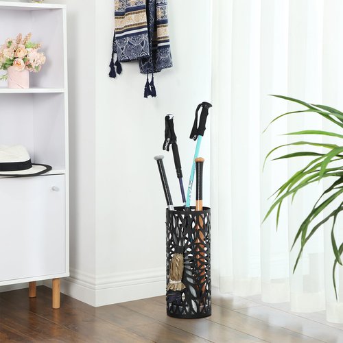 SONGMICS Umbrella Stand, Umbrella Holder for Entryway, Steel Round Umbrella Rack Freestanding, for Canes Walking Sticks, with a Detachable Drip Tray, 2 Long and 2 Short Hooks, Matte Black ULUC022B01
