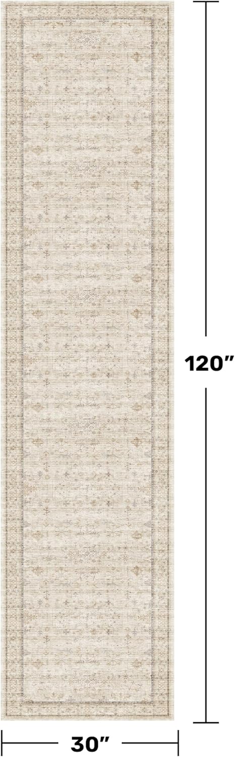 Regine Switzerland Extra Long Runner Rug - Non-Slip, Machine Washable, Soft Low Pile in Light Beige | Geometric Floral Design