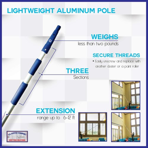 Cobweb Duster, Extendable Reach 20 feet, Ceiling Fan Duster | 3-Stage Aluminum Telescoping Pole | Medium Stiff Bristles | Long Handle Webster Duster for Cleaning | U.S Duster Co.
