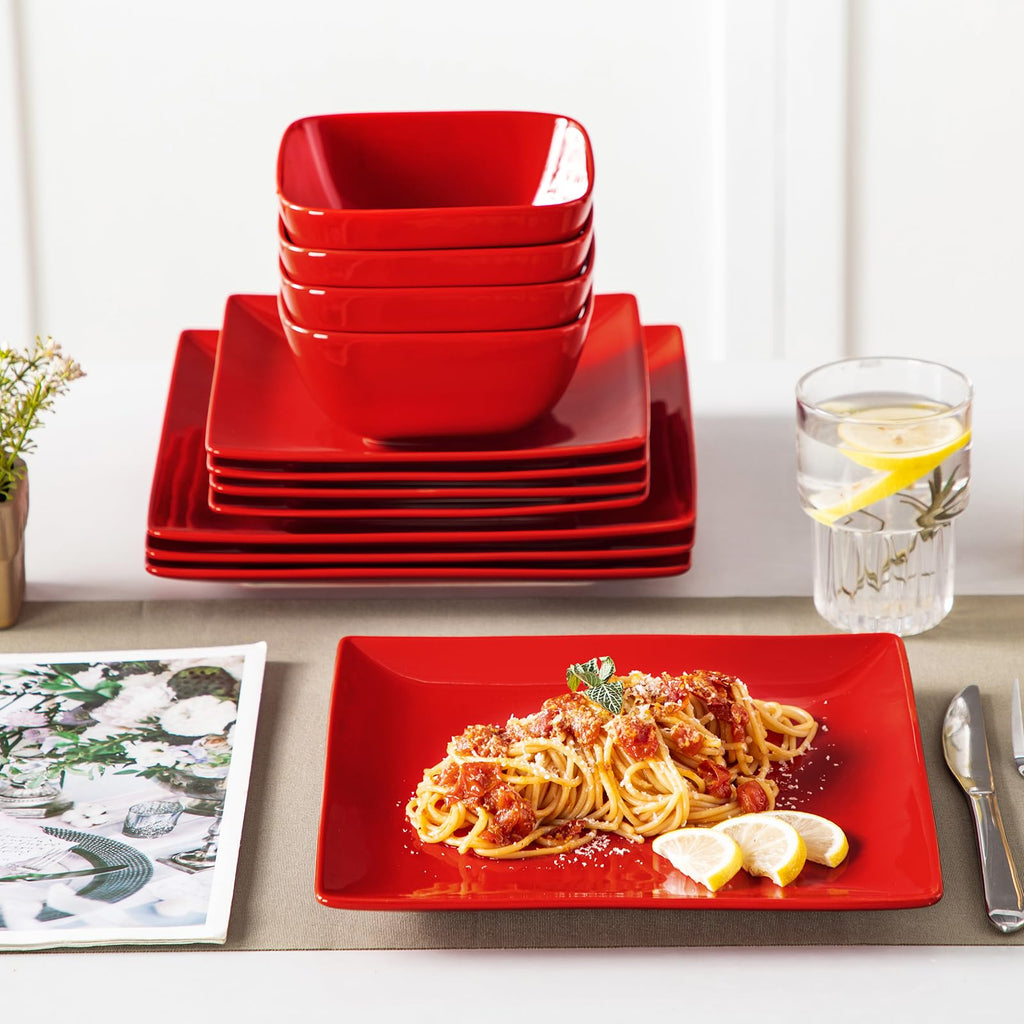 vancasso Soho Dinnerware Sets 12 Pieces, Red Stoneware Square Place Setting, Dinner Plate, Plates and Bowls Sets, Dishes Service for 4