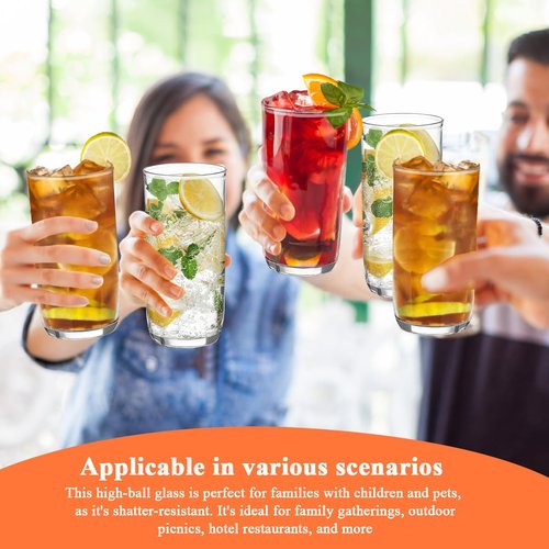 HOMQUEN 14oz Highball Glasses, 6pcs Drinking Glasses, PET Clear Plastic Water Glasses, Beer Glasses, Iced Coffee Glasses, Ideal for Cocktail, Whiskey, Soda, Tea, Water, Gift