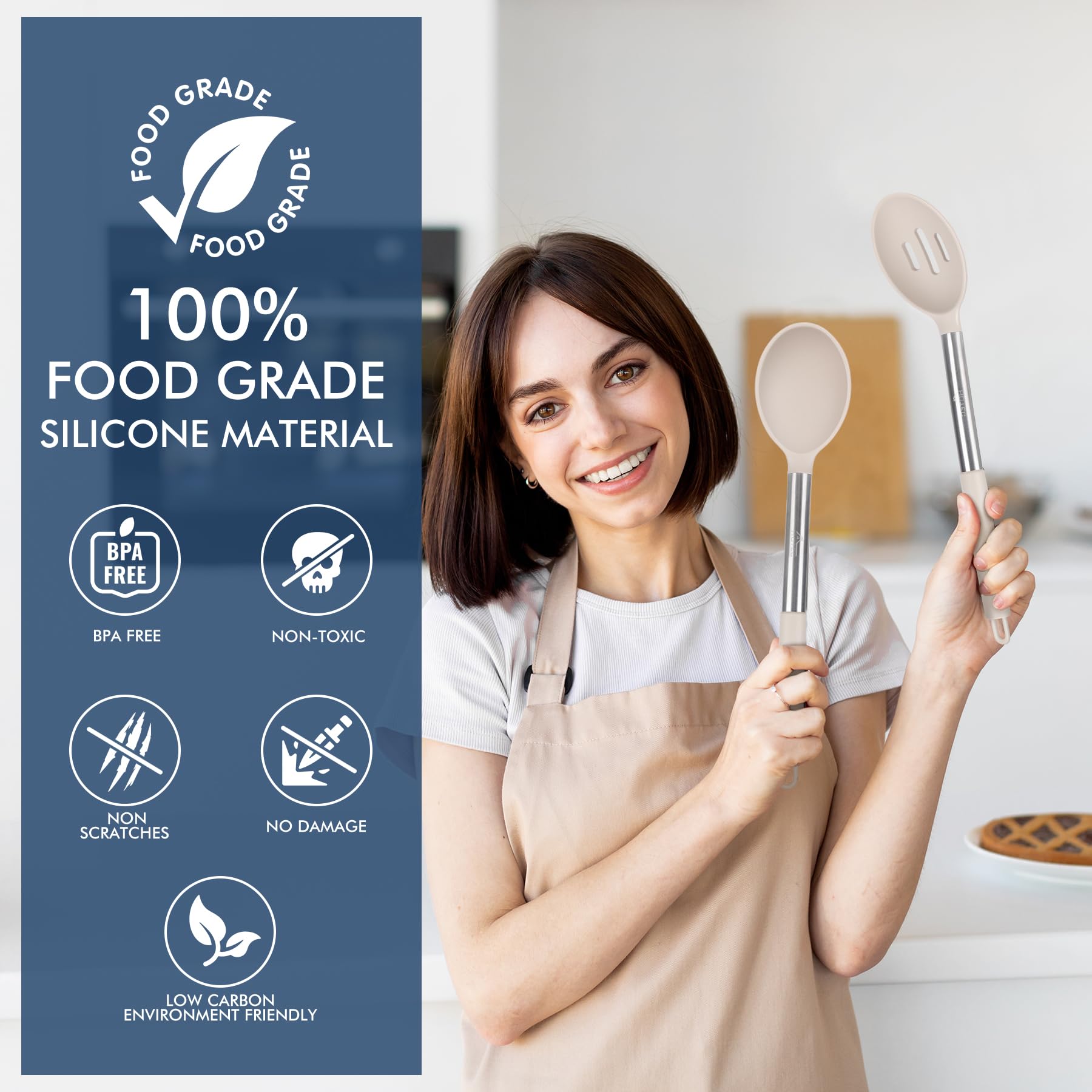 HOTEC Heat Resistant Large Silicone Cooking Spoon, Solid Slotted Spoons, Nonstick Kitchen Cookware Utensils, Mixing, Serving, Stiring Large Spoons, Khaki