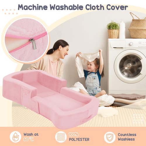 whiffee Toddler Travel Bed, 2-in-1 Foldable Portable Toddler Bed Sofa Chair, Soft Baby Kids Travel Floor Cot with Washable Covers Safety Foam Raised Bumper for Camping Hotel Sleeping (Pink)