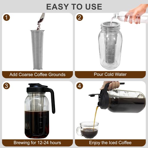 Cold Brew Coffee Maker, 64oz Cold Brew Pitcher with Stainless Steel Filter & Coffee Mat, Glass Cold Brew Mason Jar with Airtight Lid, Cold Brew Brewer Kit Tea Infuser Pitcher, Gifts for Coffee Lovers