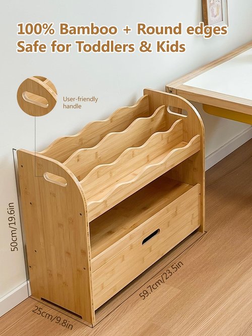 Lavenix Bamboo Kids Bookshelf 3-Tier with Drawer, Scalloped Front Facing Montessori Book Shelf and Toy Storage for Toddler Kids Rooms, Baby Nursery, Classroom