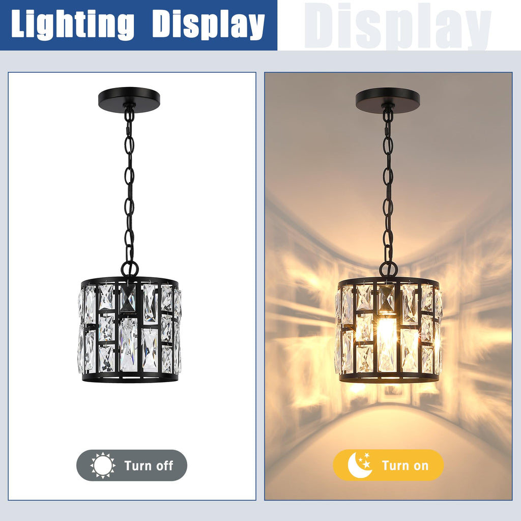 MEXO Modern Crystal Pendant Light,Black Chandelier Light Fixture, Cylinder Adjustable Height Pendant Lights for Kitchen,Dining Room,Living Room,Foyer,Hallway