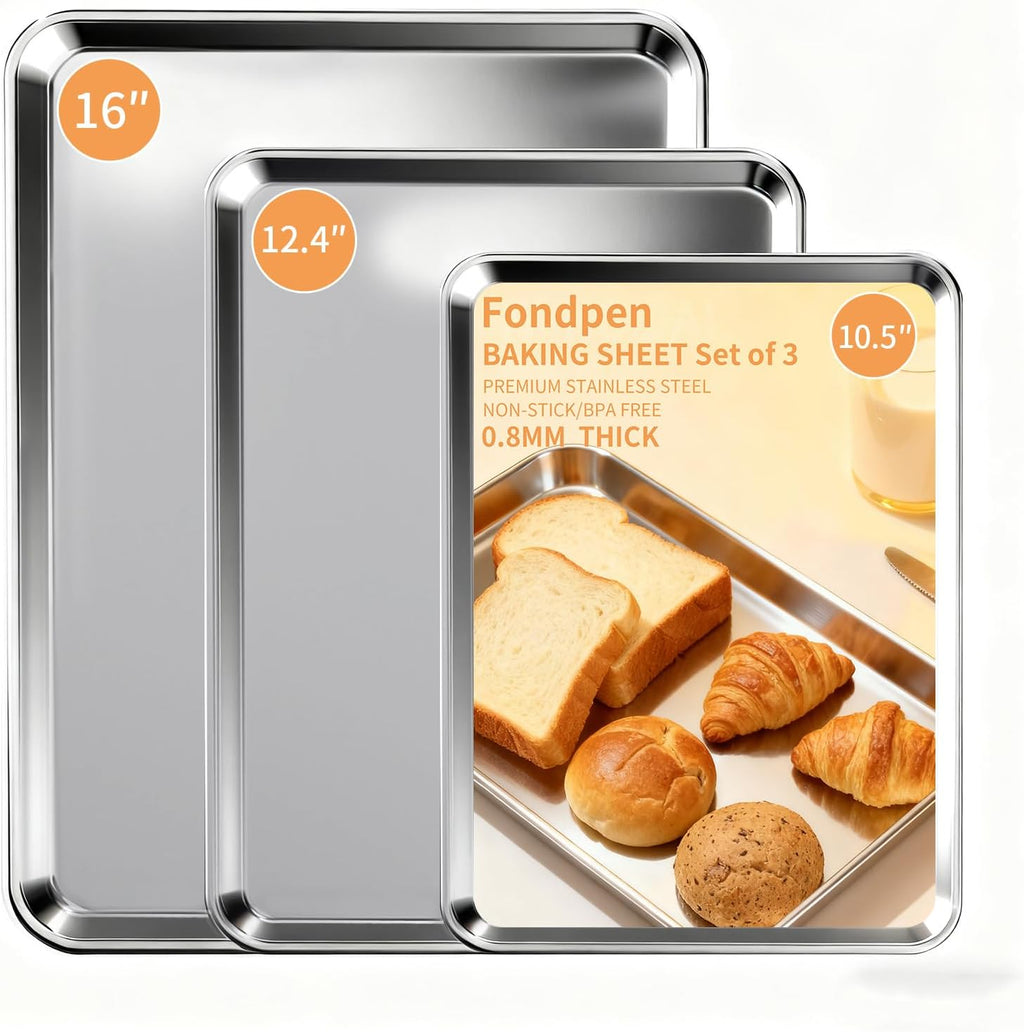 Skiennix Baking Sheet Set - Heavy-Duty Stainless Steel Cookie Pans | Non-Stick, Easy Clean, 10.5/12.4/16 Inch