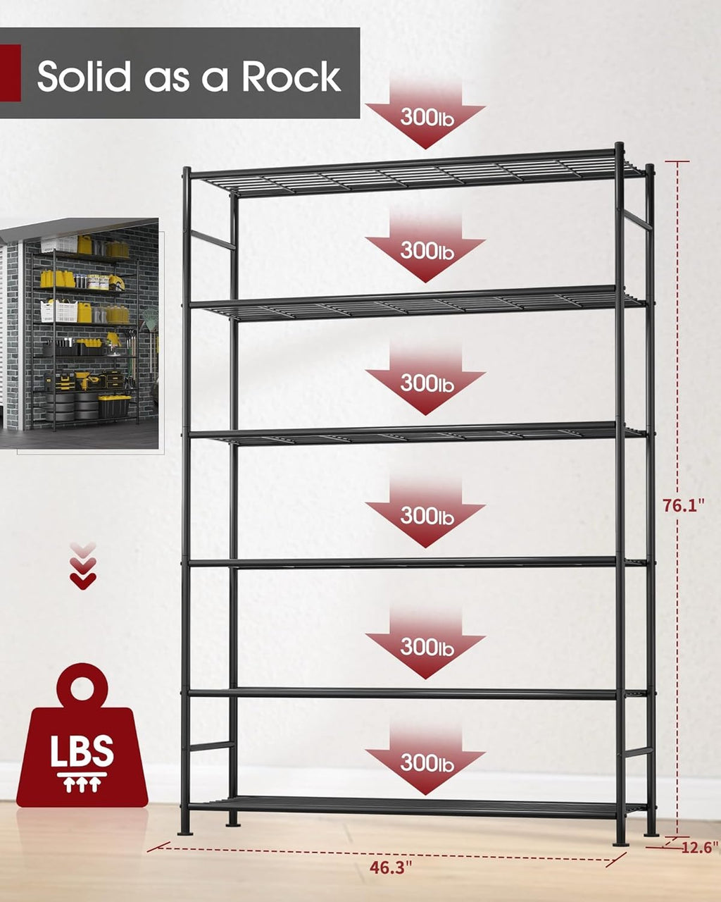 Sakugi Storage Shelves - Heavy Duty 6-Tier Shelf Organizer for Garage, Pantry & Kitchen | 46.3" W x 12.6" D x 76.1" H, Black