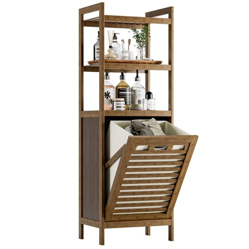 HITNET Bamboo Tilt Out Laundry Hamper, Bathroom Storage Cabinet with Hidden Removable Basket and 3 Open Shelves, Space Saving Bamboo Storage for Clothes, Towels and Toys, Walnut