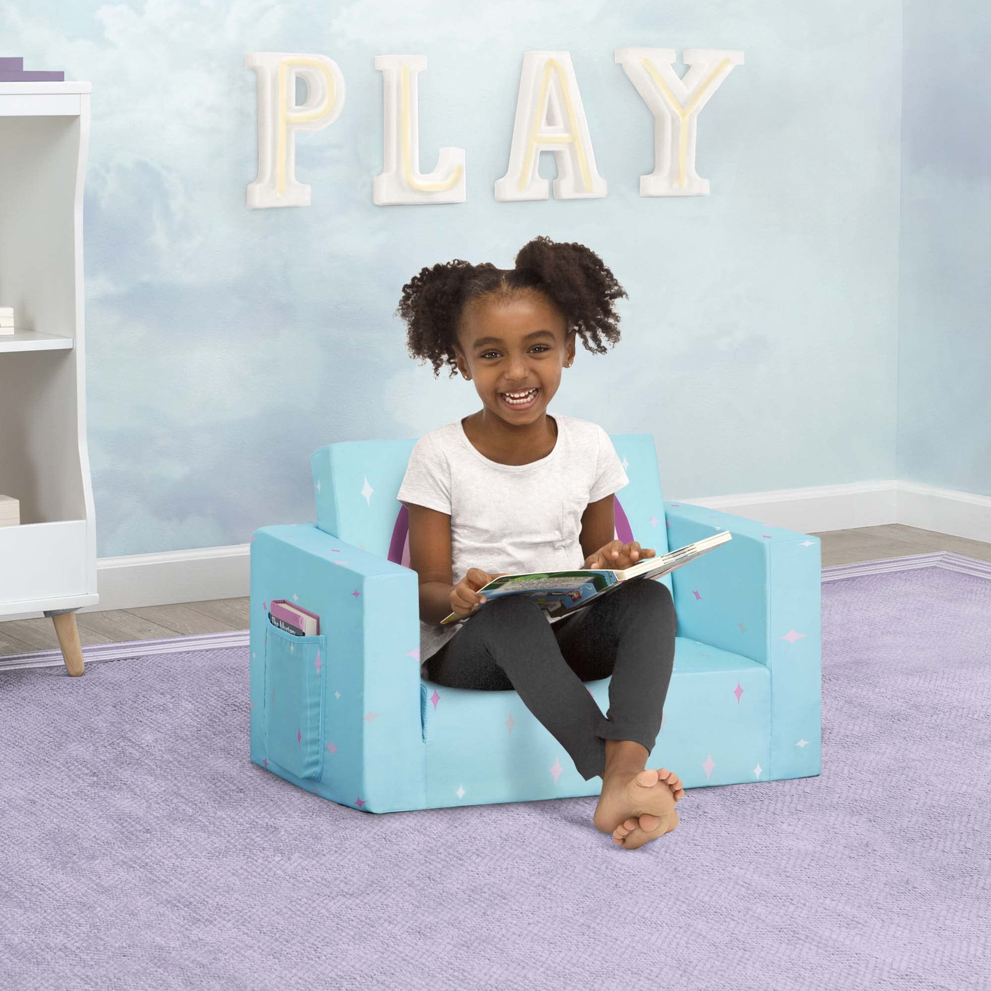 Delta Children Cozee Kids Couch 2-Seater Kids Sofa, Convertible 2-in-1 Flip Open Toddler Couch Sleeper, Foam Chair for Playroom & Bedroom, Bed Lounger, Comfy Play Sleeping Lounge Chair, Blue Unicorn