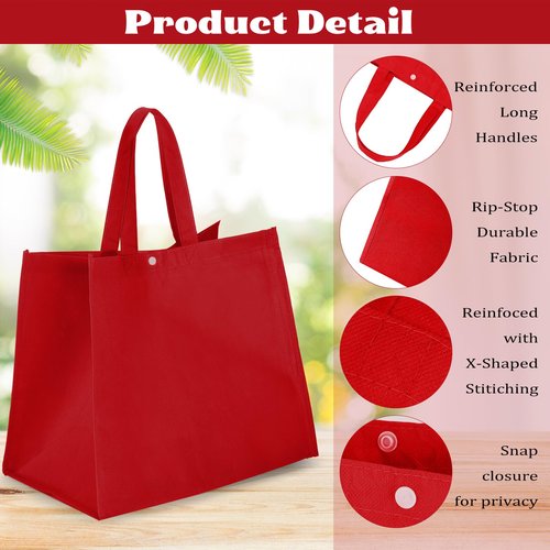 Zhehao 60 Pcs Reusable Grocery Bags Bulk Large Foldable Shopping Tote Bags Non Woven with Handle and Plastic Button(Red)