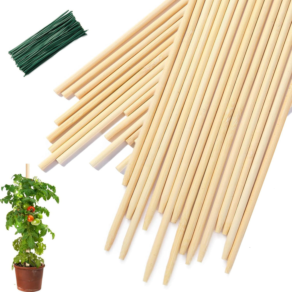 Bamboo Plant Stakes - 18 Inch Wooden Support for Gardening | 46 PCS with Wires for Indoor Plants