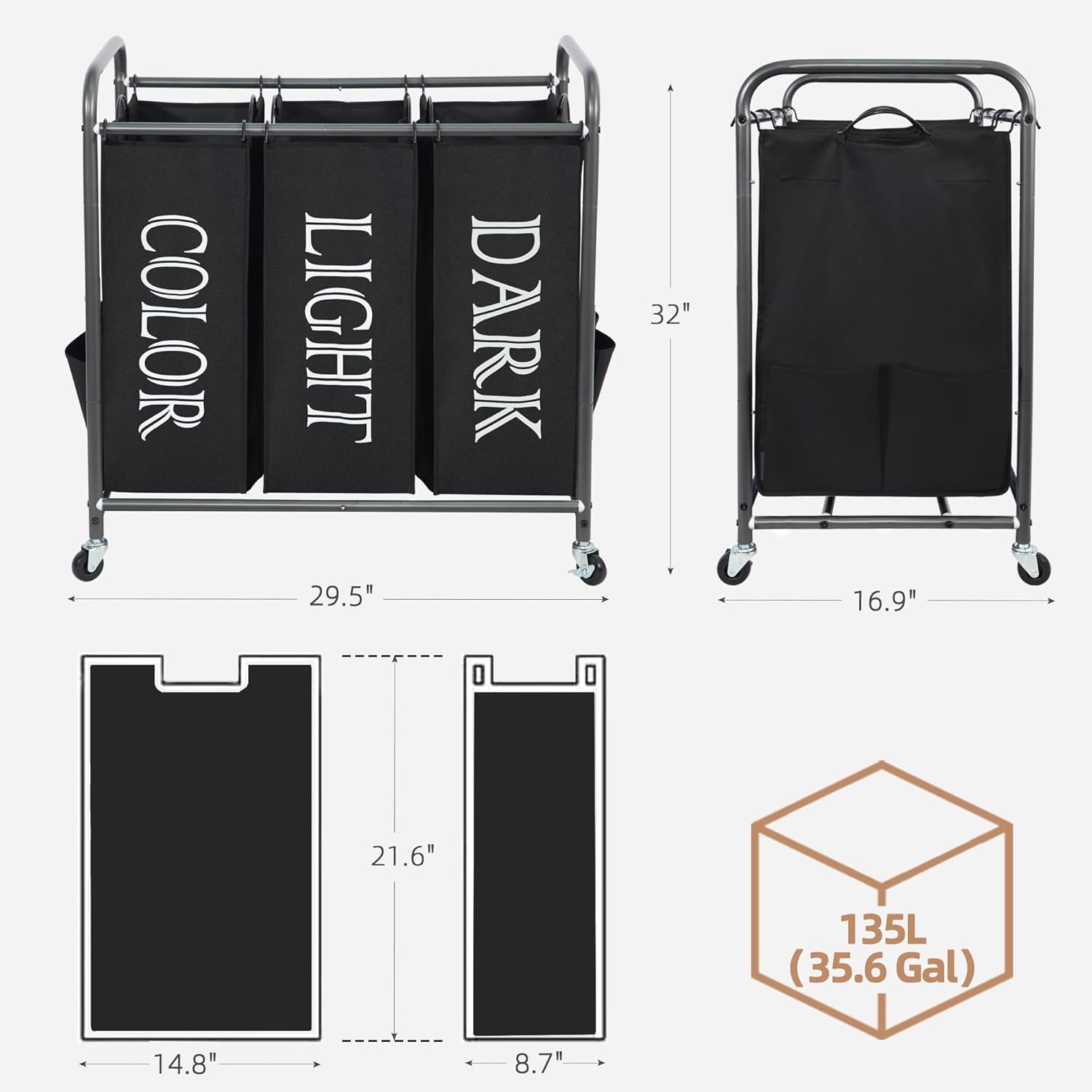 Storage Maniac Laundry Sorter - 3 Section Hamper Cart with Lockable Wheels & Removable Bag | 35.9 Gal Black