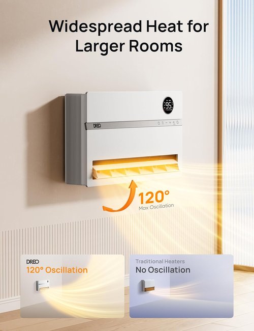 Dreo Smart Wall Heater - 1500W Electric Space Heater with 120° Oscillation & Remote Control | Easy-Mount Indoor Use