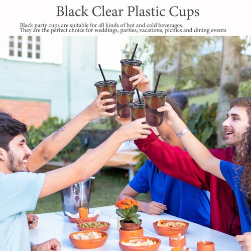 50 Set Disposable Stemless Glasses with Lids and Straws 16oz Plastic Cups Iced Coffee Cup Cold Party Plastic Wine Glasses Classic Cup for Birthday Wedding Cocktail Halloween Christmas Party (Black)