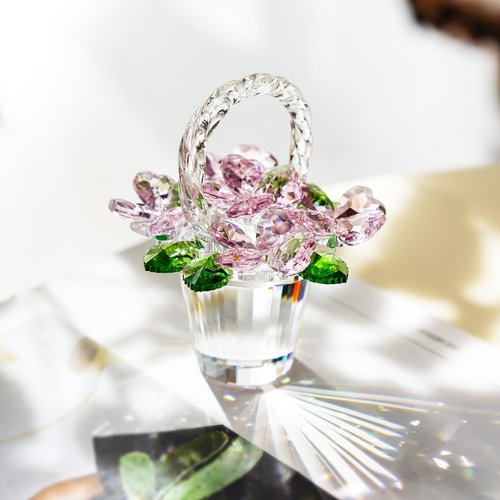 H&D Hyaline & Dora Crystal Pink Flower Basket Figurine - Elegant Glass Collectible for Home & Wedding Decor