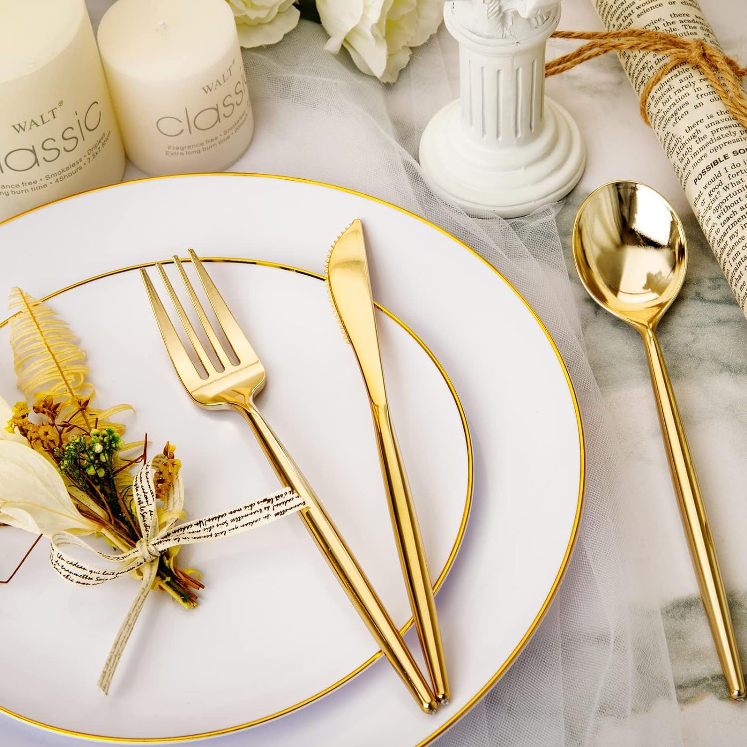 Rubtlamp 180Pcs Gold Plastic Silverware,Luxury Gold Plastic Cutlery,Heavy duty Golden Disposable Flatware, Utensils Set Disposable Include 60Gold Forks,60Gold Spoons,60Plastic Knives for Party,Wedding