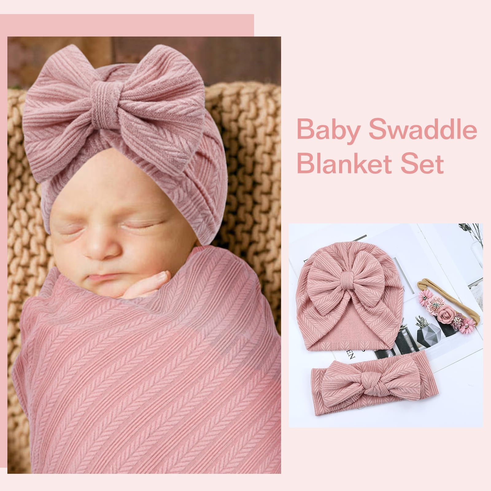 Cinaci 4pcs Dusty Pink Soft Nursery Newborn Baby Receiving Swaddle Blanket with Matching Turban Hat Bow Headbands Floral Nylon Headbands for Baby Girls Newborn Infants