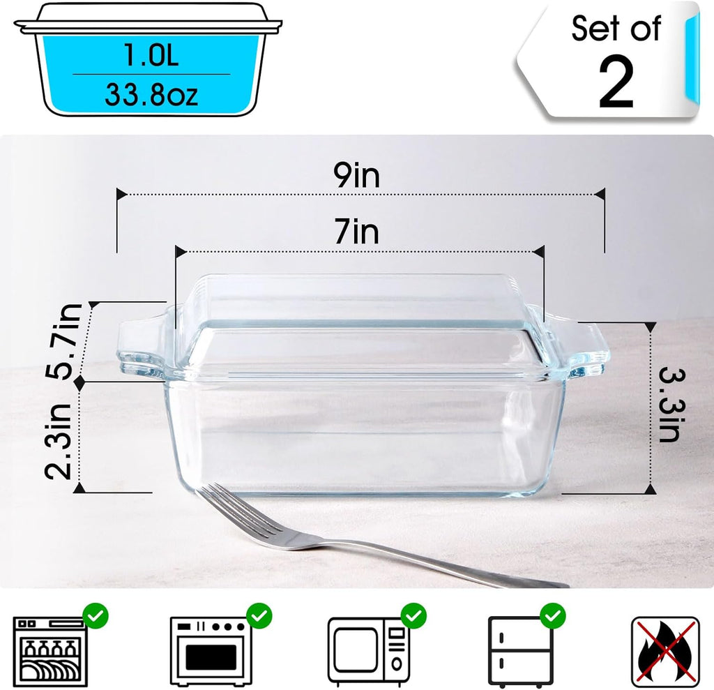 Pyrex Set of 2 Glass Casserole Dishes - Oven Safe Rectangular Baking Dish with Lids, 5.7in x 7in
