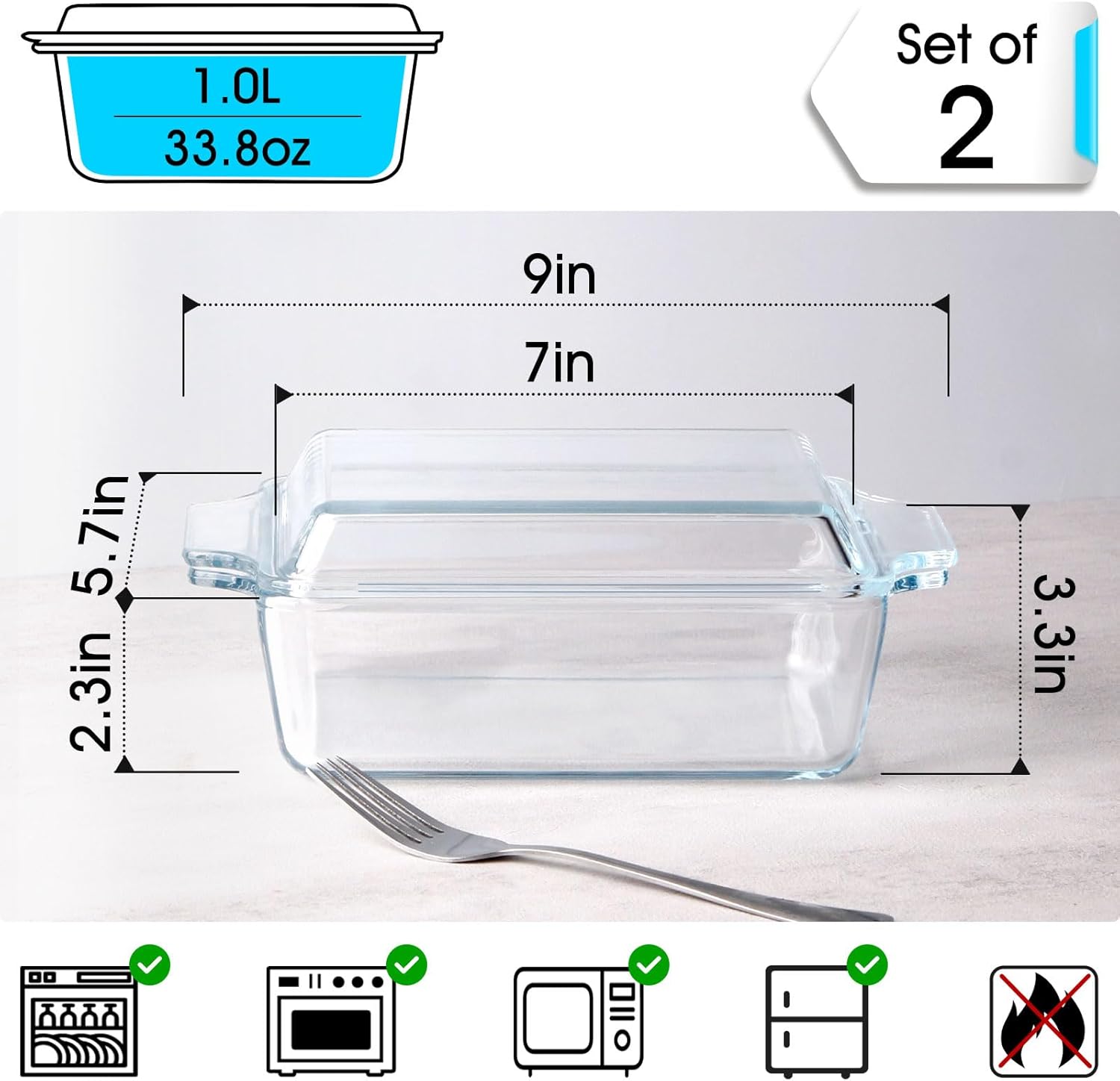 Pyrex Set of 2 Glass Casserole Dishes - Oven Safe Rectangular Baking Dish with Lids, 5.7in x 7in