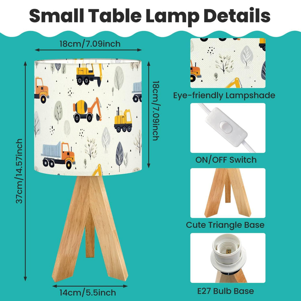OEPWQIWEPZ Tripod Bedside Desk Table Lamp Cute Children Seamless Construction Machinery Cartoon Hand Wood Nightstand Lamp with Linen Fabric Shade for Nursery Bedroom Living Room Kids Room