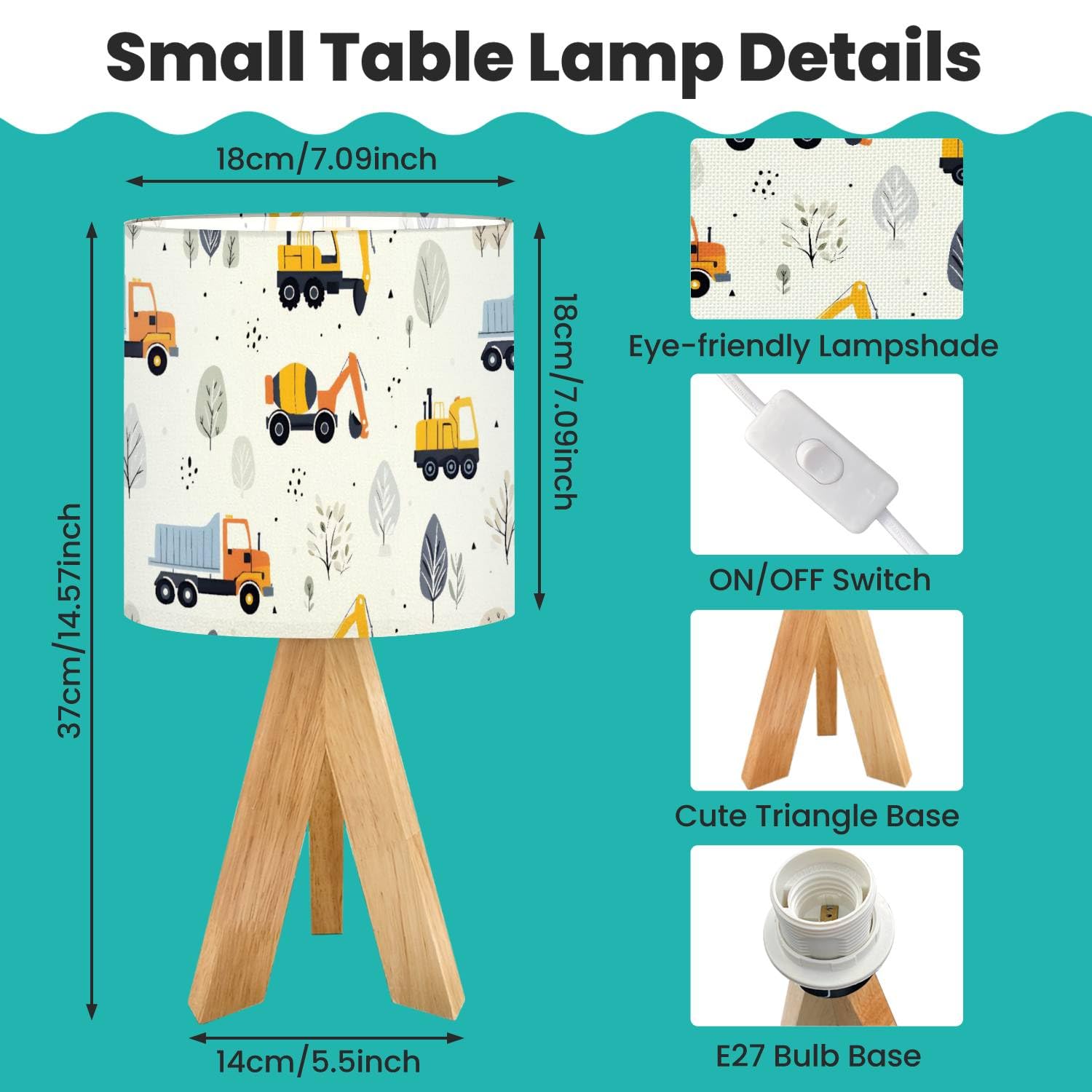 OEPWQIWEPZ Tripod Bedside Desk Table Lamp Cute Children Seamless Construction Machinery Cartoon Hand Wood Nightstand Lamp with Linen Fabric Shade for Nursery Bedroom Living Room Kids Room