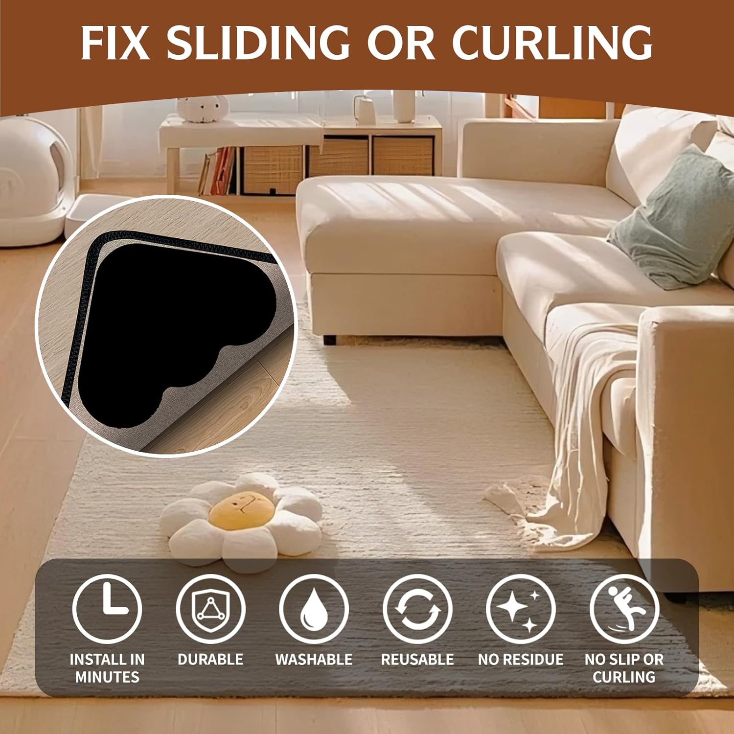 Skiennix Non-Slip Rug Grippers - Dual-Sided Adhesive Carpet Pads for Hardwood & Tile Floors | 8 PCS