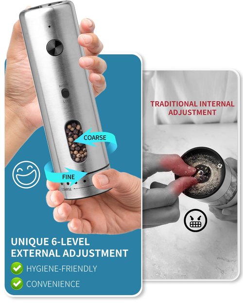 CIRCLE JOY Electric Salt and Pepper Grinder Set with Rechargeable Base Upgraded Stainless Steel Automatic Salt and Pepper Shakers with 2 Grinding Speeds, External Adjustment and 176ml Capacity, Silver