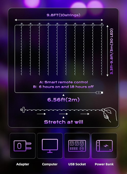 Brightown 300 LED Purple Fairy Curtain Lights - 9.8ft x 9.8ft String Lights with Remote & 8 Modes for Indoor/Outdoor Use