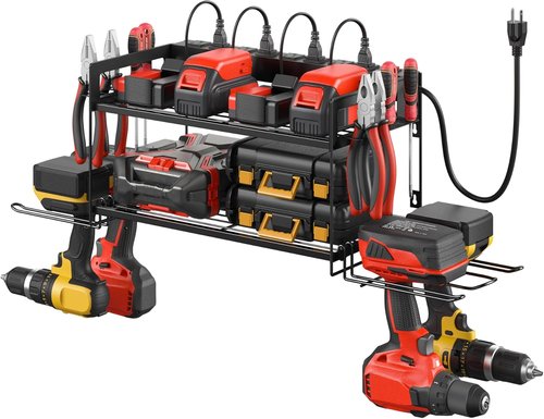 CCCEI Garage Tool Storage - Power Tool Battery Organizer with Charging Station & Wall Mount Rack, Black