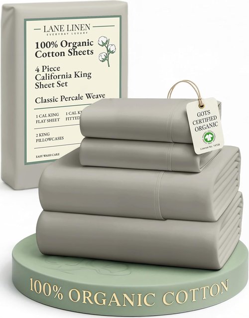 LANE LINEN 100% Organic Cotton California King Sheet Set - Naturally Cooling, Machine Washable, Silver