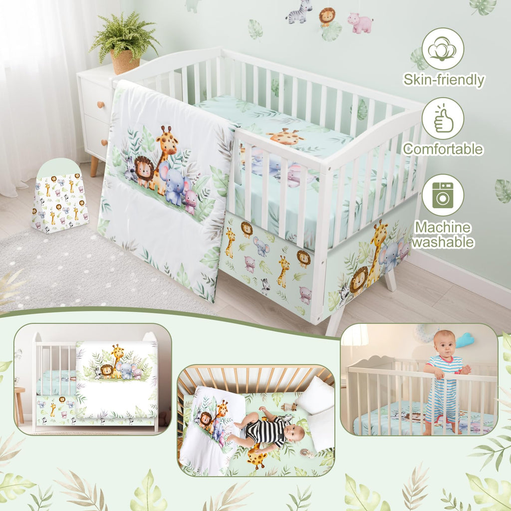 Hahafelt 4 Pieces Baby Crib Bedding Set for Girls and Boys, Soft Baby Bedding Set Including Crib Skirt, Comforter, Sheet and Diaper Stacker for Nursery (Wildlife Theme)