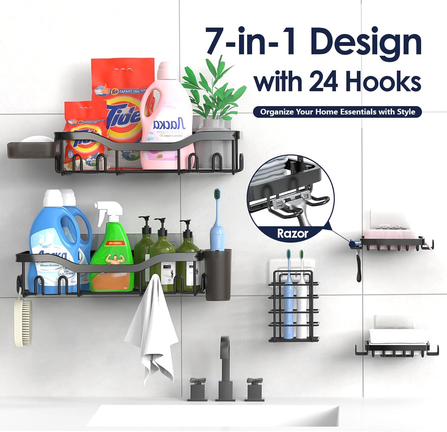 NESOMI Shower Caddy - Rustproof Stainless Steel Organizer with Soap Dish & Hooks | 7-Pack, No-Drill Storage Solutions