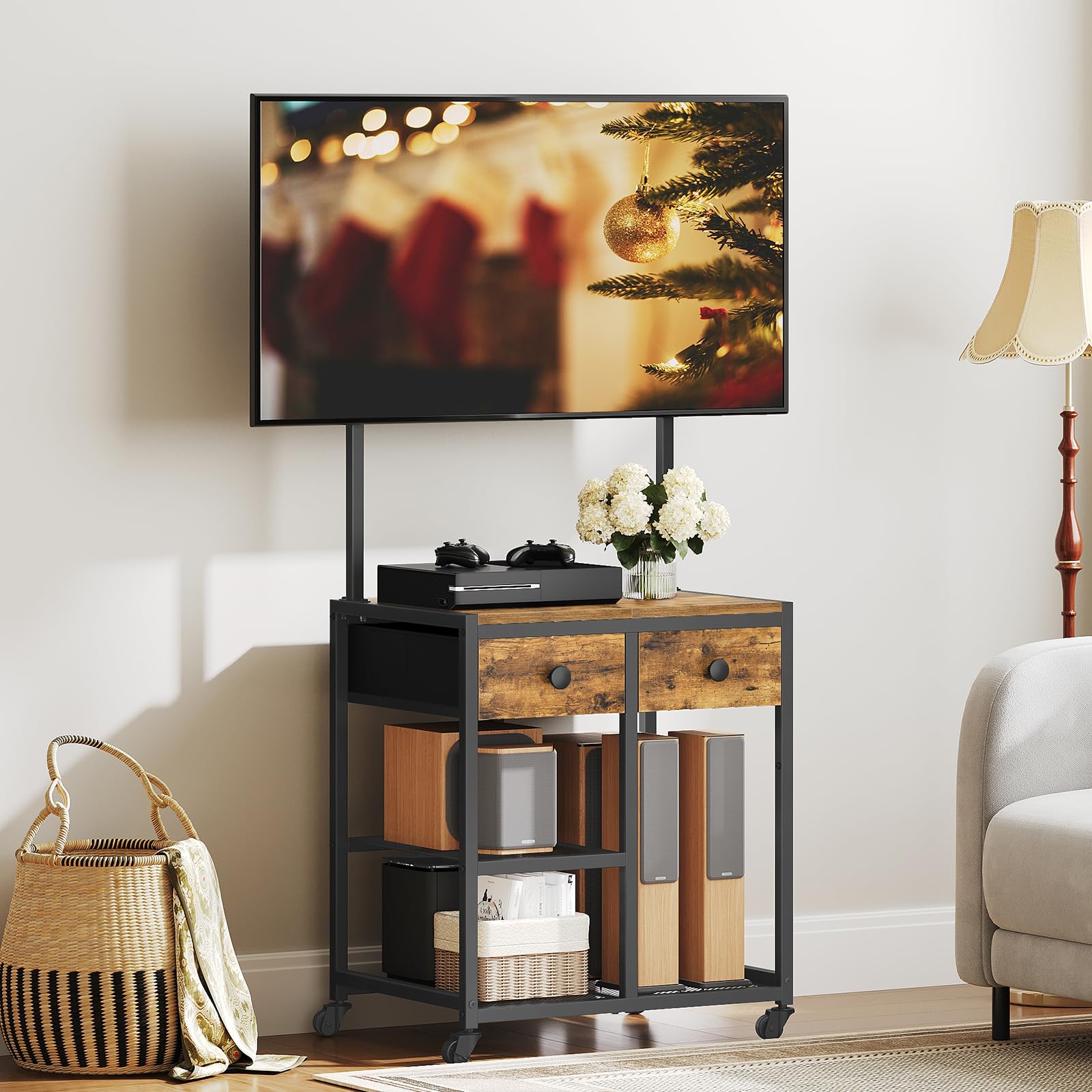 YATINEY TV Stand with Mount, Corner TV Stand with Wheels, for TVs up to 50 Inches, Rolling Entertainment Center, Small TV Stands, for Living Room, Meeting Room, Bedroom, Rustic Brown DS08BR