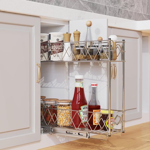 Glolaurge Narrow Pull Out Cabinet Organizer - 5" W x 21" D, 2-Tier Kitchen Cabinet Drawer Slide Out Shelves, Chrome